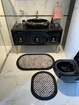 Minares Model Dama Desen 2'li Lateks Taban Banyo Paspas Takımı (60X100 - 60X50) Siyah-kahverengi