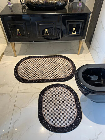 Minares Model Dama Desen 2'li Lateks Taban Banyo Paspas Takımı (60X100 - 60X50) Siyah-kahverengi