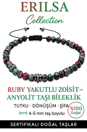 Sertifikalı Fasetli Terahertz – Ruby Zoisite (Anyolit) Taşı Bileklik (İnce Model) – Tutku, Denge ve Ruhsal Güç Taşı