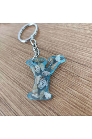 "Y" HARFİ - Açık Mavi Deniz Epoksi Harf Anahtarlık – Gerçek Deniz Kabuğu, El Yapımı, Benzersiz