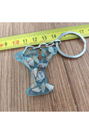 "Y" HARFİ - Açık Mavi Deniz Epoksi Harf Anahtarlık – Gerçek Deniz Kabuğu, El Yapımı, Benzersiz