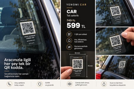 YenomiID Car Araç Sahibi Bildirim Sistemi – QR Kodlu Şeffaf Ön Cam Etiketi 55x74 mm – İçten Yapışmalı