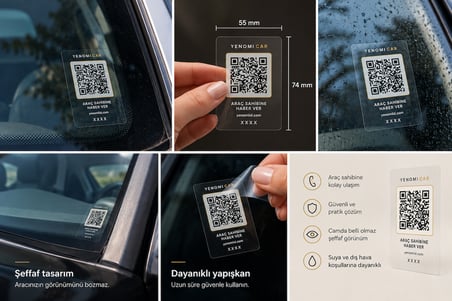 YenomiID Car Araç Sahibi Bildirim Sistemi – QR Kodlu Şeffaf Ön Cam Etiketi 55x74 mm – İçten Yapışmalı