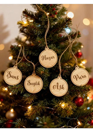 Bakgelal Ahşap Yılbaşı Ağacı Dilek Süsü Seti 5’li | Aşk, Sağlık, Para, Şans, Huzur Temalı Doğal Ahşap Yeni Yıl Ağaç Süsü