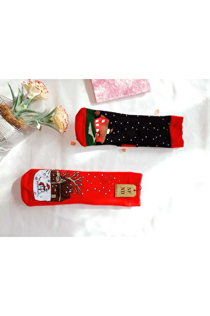 2 ÇİFT TERMAL SOKET  YILBAŞI HAVLU YUMUŞAK HEDİYE KIŞLIK KADIN ÇORABI KIRMIZI SİYAH ÇORAP 36-40