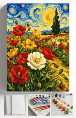 Sayılarla Boyama Seti Numaralı Tuval Fırça Boya Askı Aparatı Dahil Set 40x50 Cm - YILDIZLI GECE ÇİÇEKLER