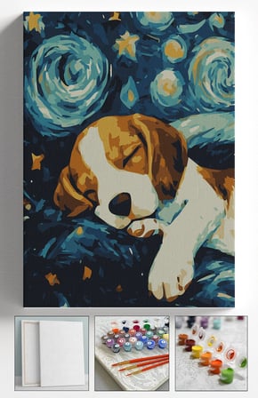Sayılarla Boyama Seti Numaralı Tuval Fırça Boya Askı Aparatı Dahil Set 40x50 Cm - YILDIZLI GECE KÖPEK