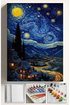 Sayılarla Boyama Çerçeveli Hobi Seti Numaralı Tuval Fırça Boya Kasnaklı YILDIZLI GECE KÖY 40X50 Cm