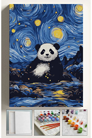 Sayılarla Boyama Seti Numaralı Tuval Fırça Boya Dahil Kasnaklı Set 40x50 Cm - YILDIZLI GECE PANDA