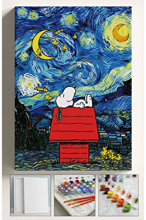 Sayılarla Boyama Seti Numaralı Tuval Fırça Boya 40x50 Cm - YILDIZLI GECE SNOOPY