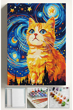 Sayılarla Boyama Seti Numaralı Tuval Fırça Boya 40x50 Cm - YILDIZLI GECE TURUNCU KEDİ