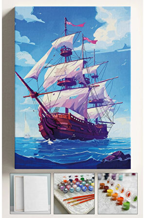 Sayılarla Boyama Hobi Seti Çerçeveli Numaralı Tuval Fırça Boya Dahil Kasnaklı GEMİ 40x50 Cm
