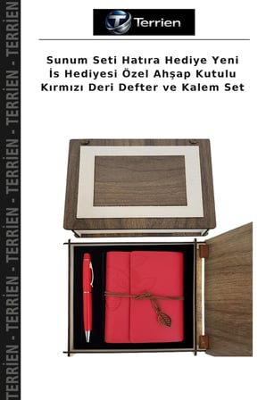 Sunum Seti Hatıra Hediye Yeni İs Hediyesi Özel Ahşap Kutulu Kırmızı Deri Defter ve Kalem Set