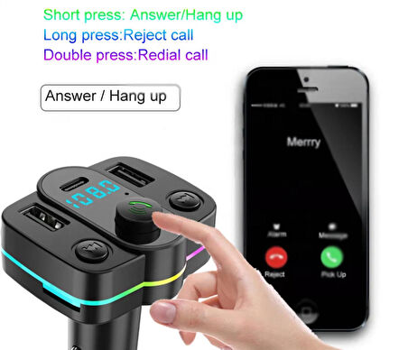 YK Design FT-603 Araç Fm Transmitter Bluetooth Usb Mp3 Sd Kart PD TypeC Şarj