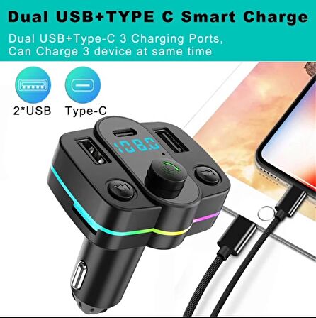 YK Design FT-603 Araç Fm Transmitter Bluetooth Usb Mp3 Sd Kart PD TypeC Şarj