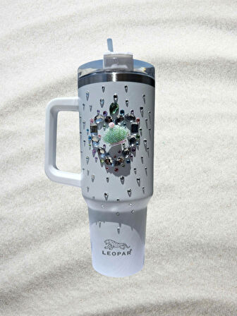 Pipetli 1,2 litre Kulplu Çelik Termos Renkli Üzeri Taş İşlemeli