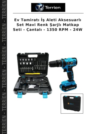 Ev Tamiratı İş Aleti Aksesuarlı Set Mavi Renk Şarjlı Matkap Seti - Çantalı - 1350 RPM - 24W