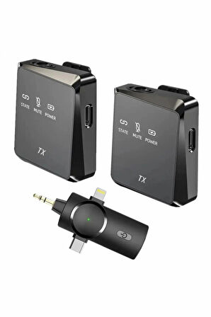 Type-C iPhone Çiftli Kablosuz Yaka Mikrofonu 3in1 Kamera PC Android iOS Uyumlu