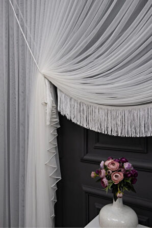 Grek Petek Sol Yalancı Kruvaze -Halat İle Yana Toplamalı-Tek Kanat Püskülü -Eteği Kurşunlu Tül Perde