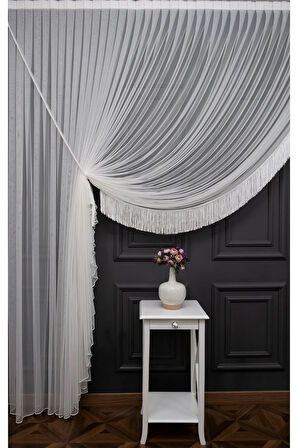 Grek Petek Sol Yalancı Kruvaze -Halat İle Yana Toplamalı-Tek Kanat Püskülü -Eteği Kurşunlu Tül Perde