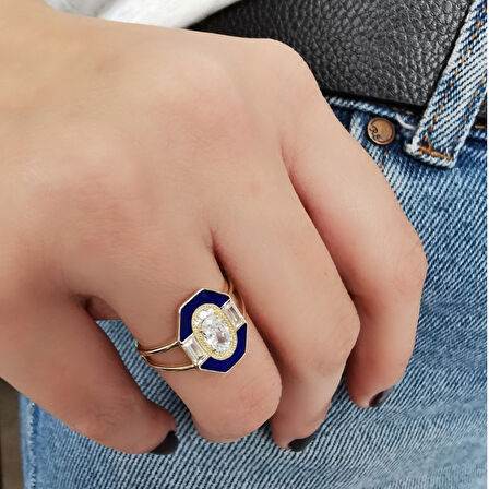 Lacivert Mineli Altın Baget Yüzük (YKZ0148)