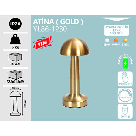 Noas Masa Lambası Atina, Şarj Edilebilir, Dokunmatik, Dimlenebilir, Ayarlanabilir 3 Renk, 95mmx225mm