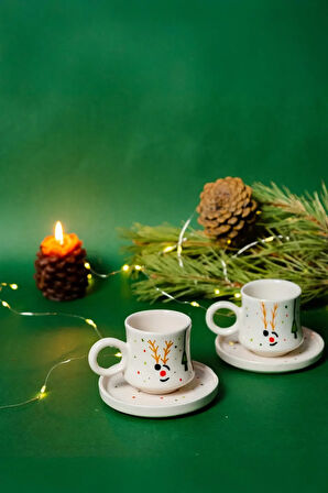 2’li Takım Yılbaşı Geyikli , El Yapımı kazan Seramik Kahve Fincanı, Kahve Fincanı, Hand made