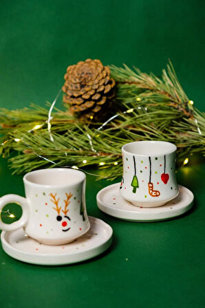 2’li Takım Yılbaşı Geyikli , El Yapımı kazan Seramik Kahve Fincanı, Kahve Fincanı, Hand made