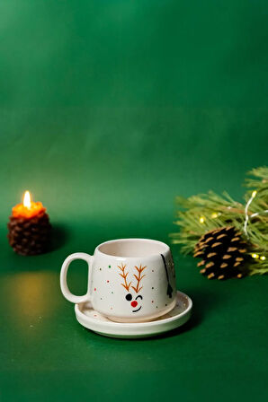 Tabaklı Yılbaşı Geyikli Kupası, Yeni Yıl, El Yapımı Seramik Kupa, Seramik Kupa, Mug, Nescafe Kupası