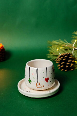 Tabaklı Yılbaşı Geyikli Kupası, Yeni Yıl, El Yapımı Seramik Kupa, Seramik Kupa, Mug, Nescafe Kupası