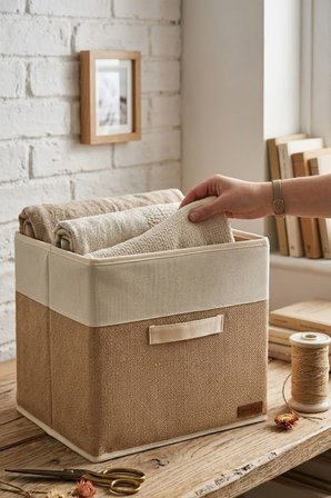 HomyJR's Beyaz Garnili Jüt Kapaksız Dolap Içi Çamaşır Oyuncak Düzenleyici Katlanır Kapaklı Saklama Kutusu 30x30x30