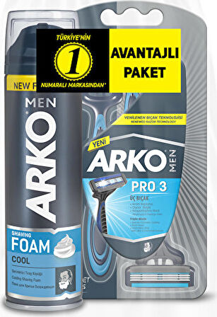 Arko Men Bakım Seti Pro3 3 Bıçak 3lü+Cool Tıraş Köp. 200ml Yeni