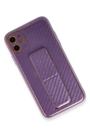 Newface Apple iPhone 12 Kılıf Coco Karbon Standlı Kapak - Mor