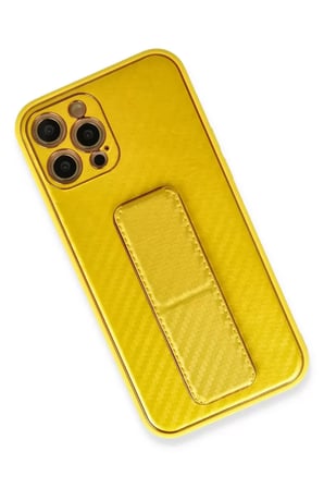 Newface Apple iPhone 12 Pro Kılıf Coco Karbon Standlı Kapak - Sarı