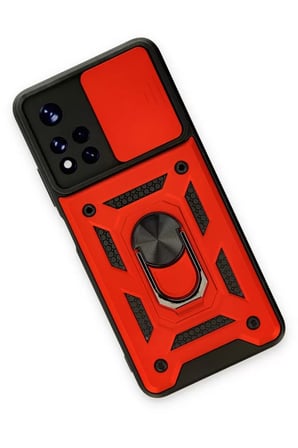 Newface Xiaomi Redmi Note 11T Kılıf Pars Lens Yüzüklü Silikon - Kırmızı