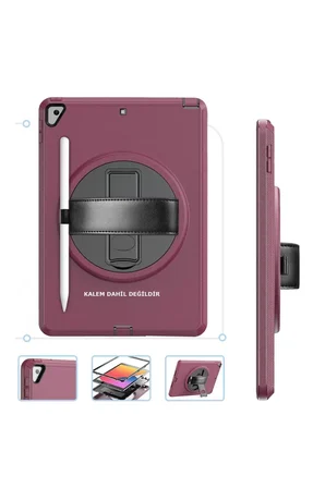 Newface Apple iPad 10.2 (7.nesil) Kılıf Hand Strap Tablet Kılıfı - Mürdüm