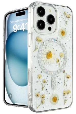 Newface Apple iPhone 16 Pro Kılıf Daisy Simli Magsafe Kapak - Gümüş