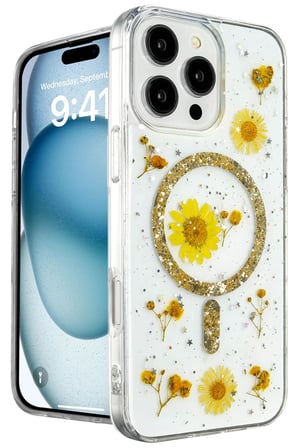 Newface Apple iPhone 16 Pro Kılıf Daisy Simli Magsafe Kapak - Gold