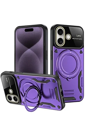 Newface Apple iPhone 16 Kılıf Joy Lens Standlı Kapak - Mor