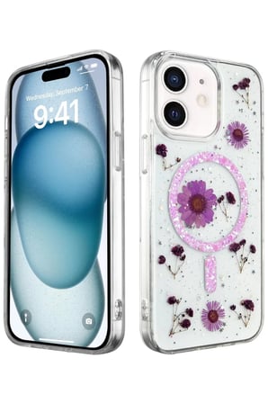 Newface Apple iPhone 12 Kılıf Daisy Simli Magsafe Kapak - Mor