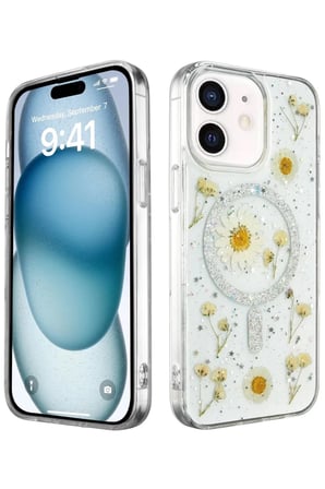 Newface Apple iPhone 12 Kılıf Daisy Simli Magsafe Kapak - Gümüş