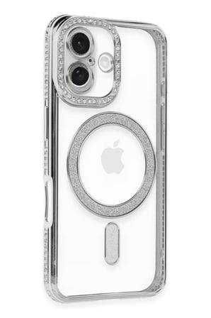 Newface Apple iPhone 16 Plus Kılıf Joke Simli Magneticsafe Kılıf - Gümüş