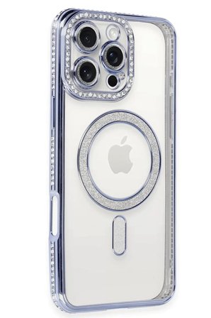 Newface Apple iPhone 16 Pro Kılıf Joke Simli Magneticsafe Kılıf - Mavi