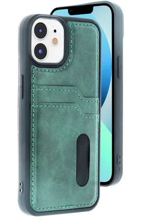 Newface Apple iPhone 11 Kılıf Sara Kartvizitli Deri Kılıf - Koyu Yeşil