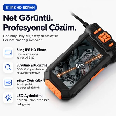 Uninet 3 Kameralı Endoskop Kamera 10 Metre 5 inç LCD Ekranlı