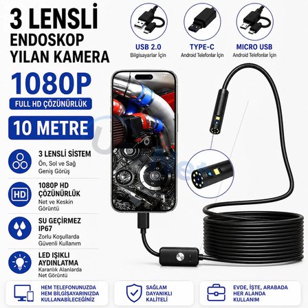 Uninet 10 Metre 3 Lensli Endoskop Kamera 1080P Full HD Android ve PC Uyumlu