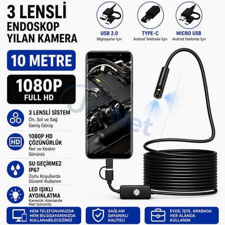 Uninet 10 Metre 3 Lensli Endoskop Kamera 1080P Full HD Android ve PC Uyumlu