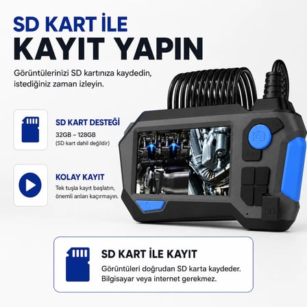 Uninet Endoskop Kamera Borskop 5 Metre Çift Kamera HD Monitörlü IP68 Su Geçirmez