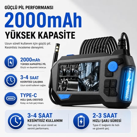 Uninet Endoskop Kamera Borskop 5 Metre Çift Kamera HD Monitörlü IP68 Su Geçirmez