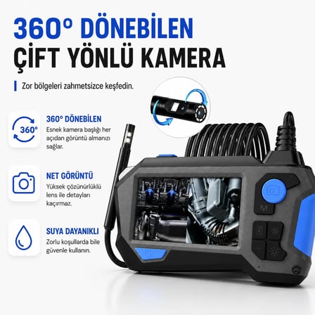 Uninet Endoskop Kamera Borskop 5 Metre Çift Kamera HD Monitörlü IP68 Su Geçirmez